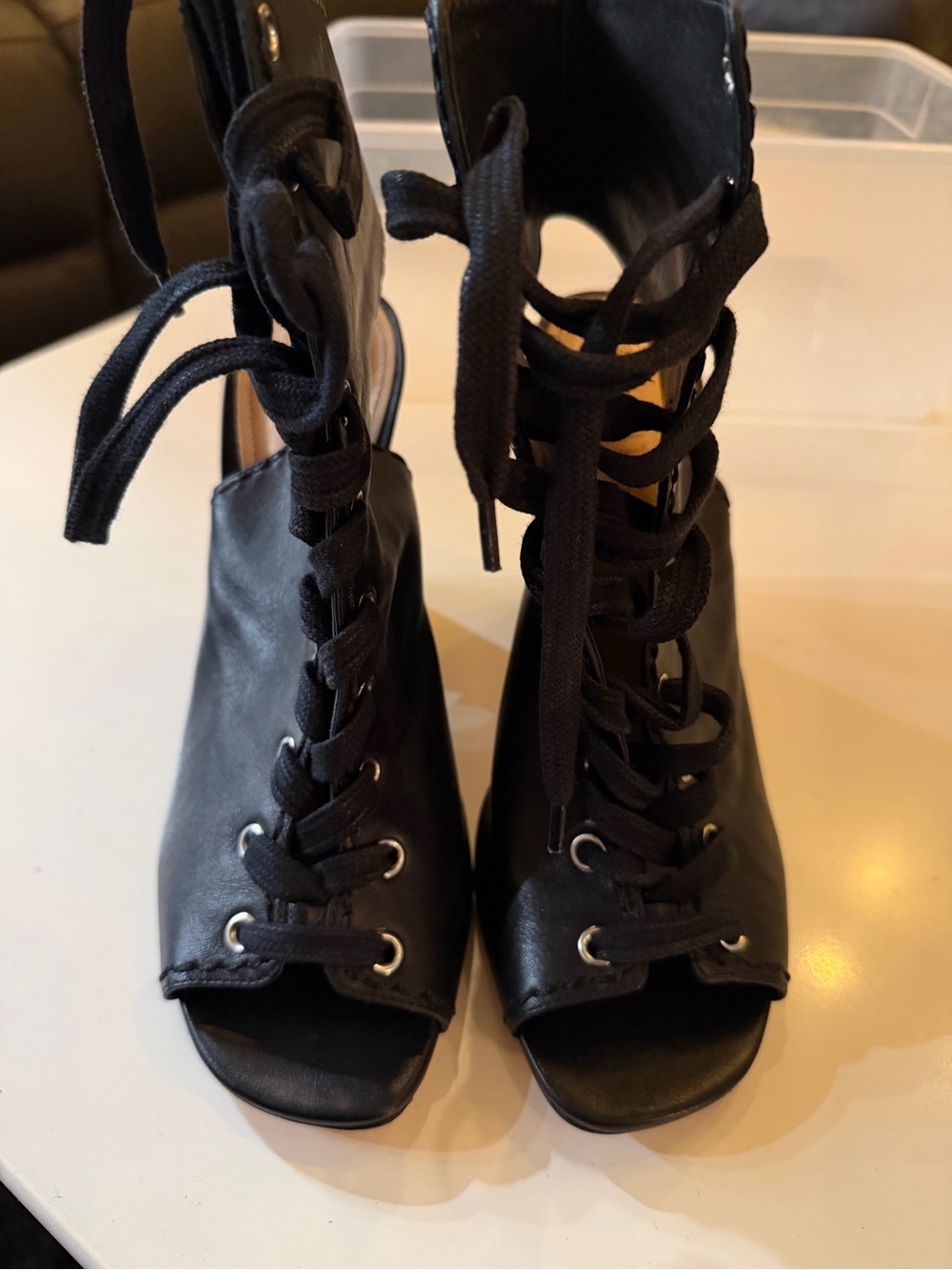 SCHUTZ Black Lace-Up Open Toe Heels